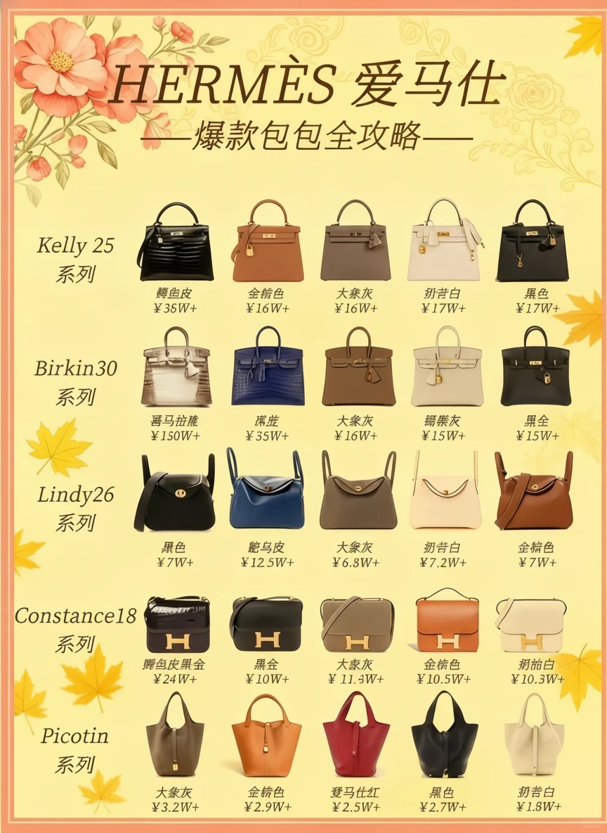 Hermes bag collection featuring Birkin, Kelly, and Constance bags