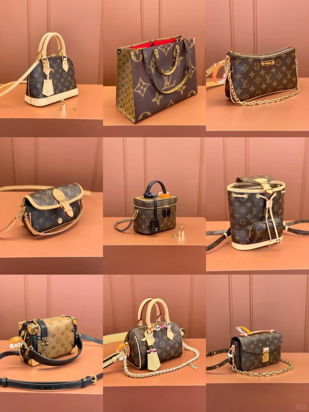 A collection of LV Speedy 25 Monogram bags in different sizes and styles.